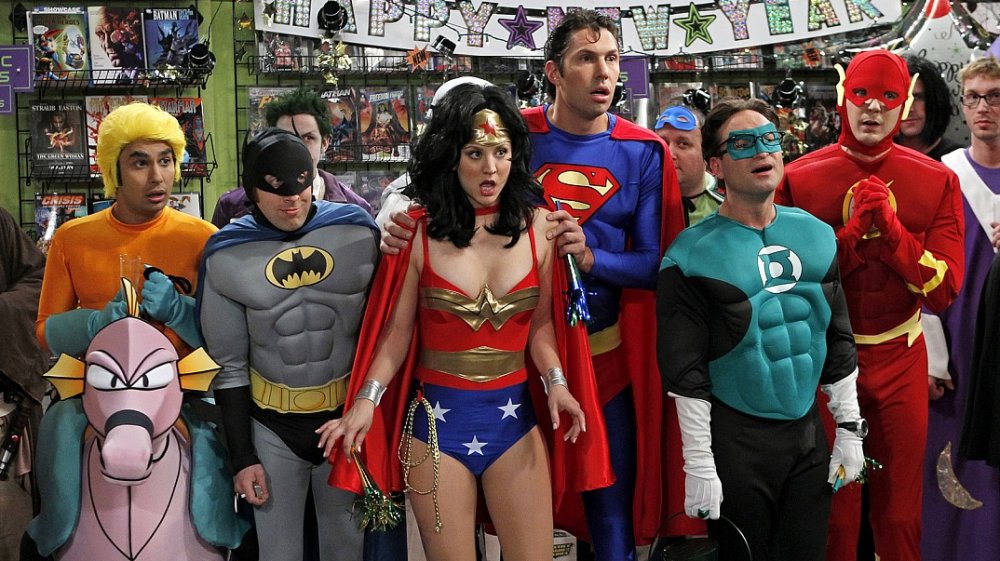 The cast of The Big Bang Theory dressed as DC characters in The Big Bang Theory