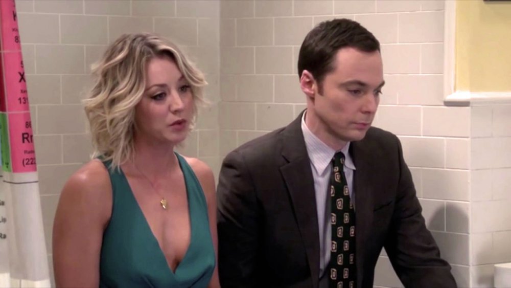 Kaley Cuoco and Jim Parsons as Penny and Sheldon on The Big Bang Theory