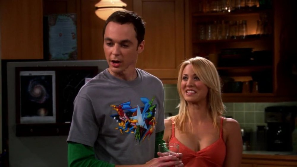 Kaley Cuoco and Jim Parsons as Penny and Sheldon on The Big Bang Theory