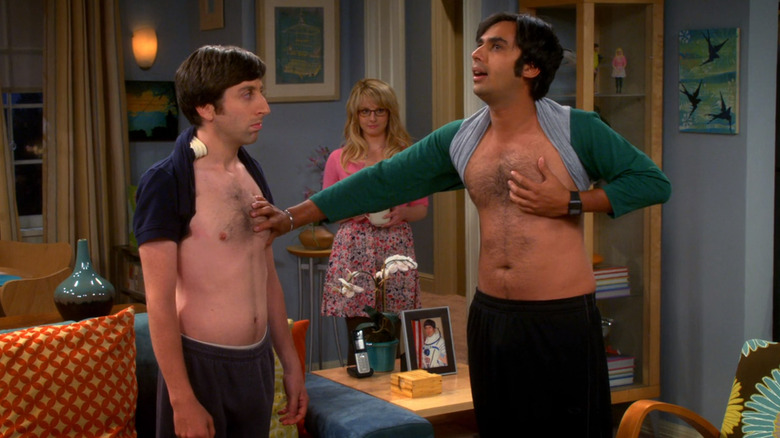 Raj and Howard with exposed chests