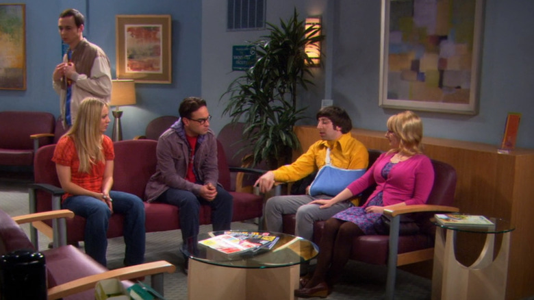 Sheldon, Amy, Leonard, Howard, and Bernadette at hospital