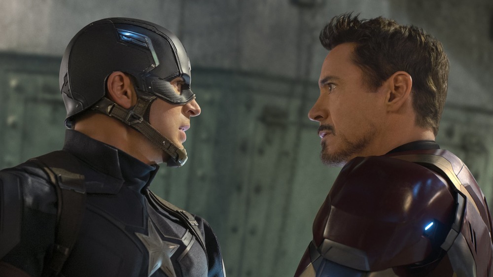 Chris Evans and Robert Downey Jr. as Steve Rogers and Tony Stark in Captain America: Civil War