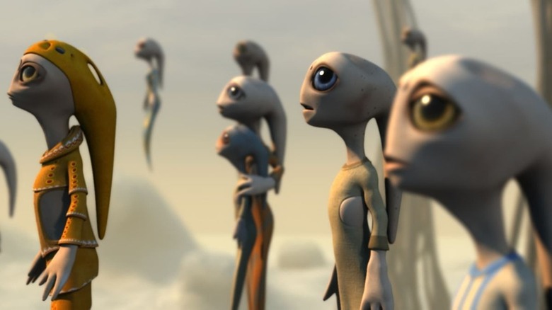 The alien citizens of Battle for Terra look up in awe