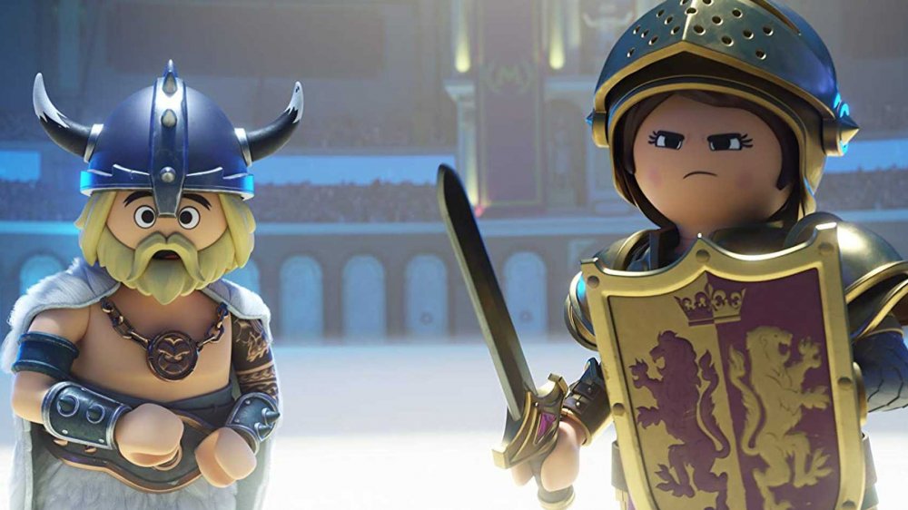 Marla and Charlie Brenner doing battle as Vikings in Playmobil: The Movie 