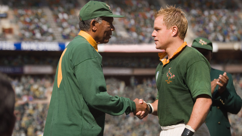 Morgan Freeman and Matt Damon shake hands