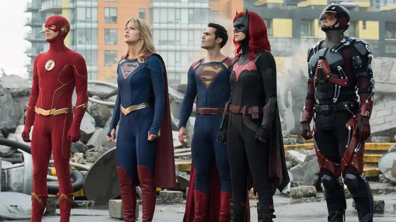 The Arrowverse's characters looking up at something