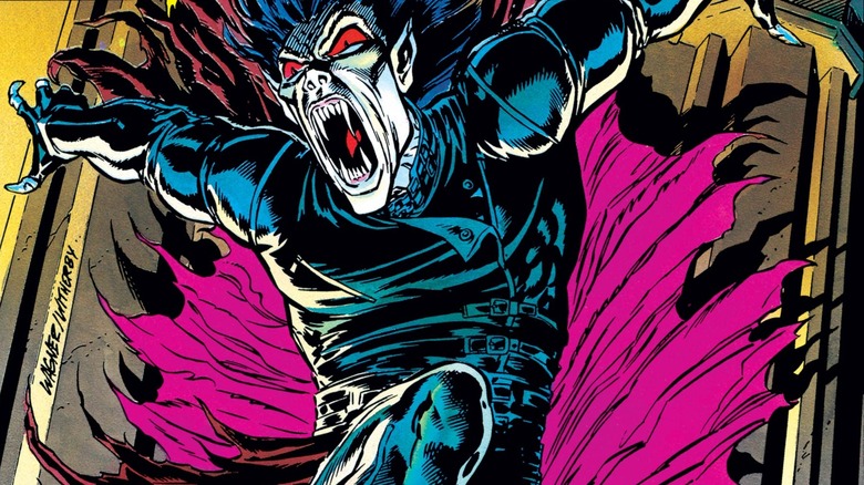 Morbius roars while standing on a ledge