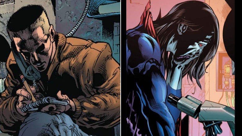 Eddie Brock writing in a notepad & Morbius holding his head in front of a microscope