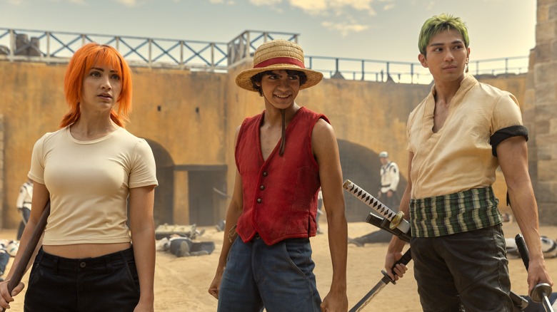 Nami, Luffy, and Zoro all prepped for battle