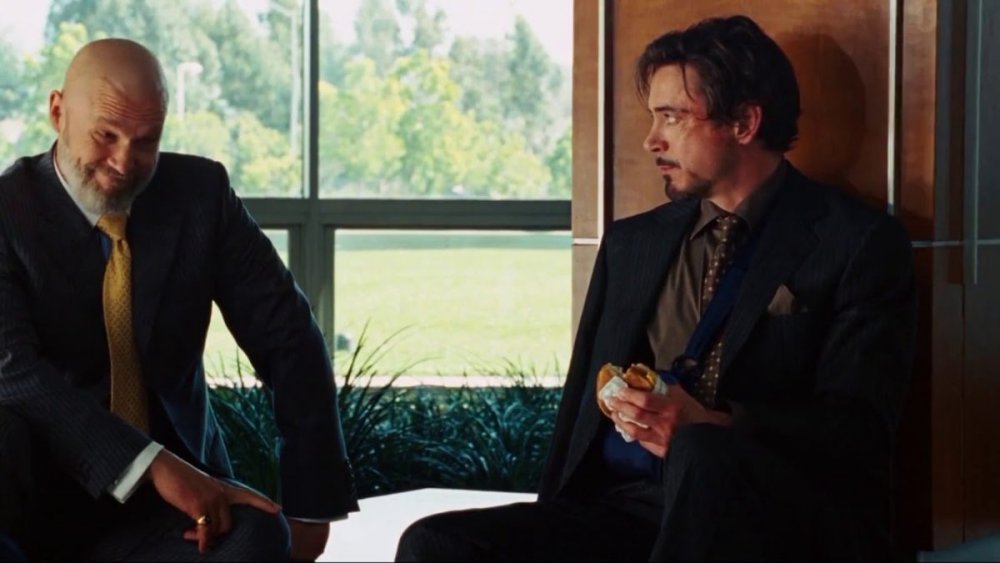 Robert Downey Jr. as Tony Stark and Jeff Bridges as Obadiah Stane in Iron Man