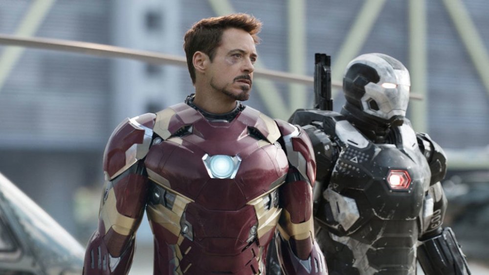 Robert Downey Jr. as Tony Stark and Don Cheadle as Rhodey in Captain America: Civil War