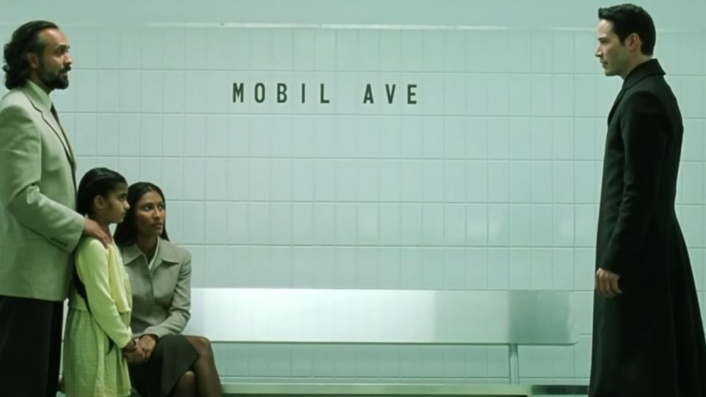 Neo in the Mobil Ave Station in The Matrix