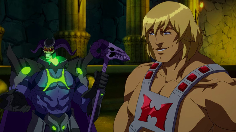 Skeletor looking to the side while He-Man grins