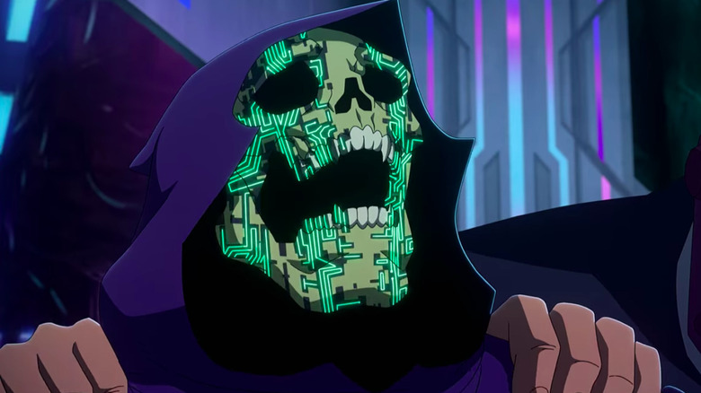 Skeletor transforming into a technological being