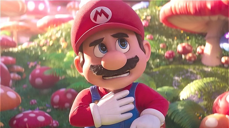 Mario standing in a mushroom forest