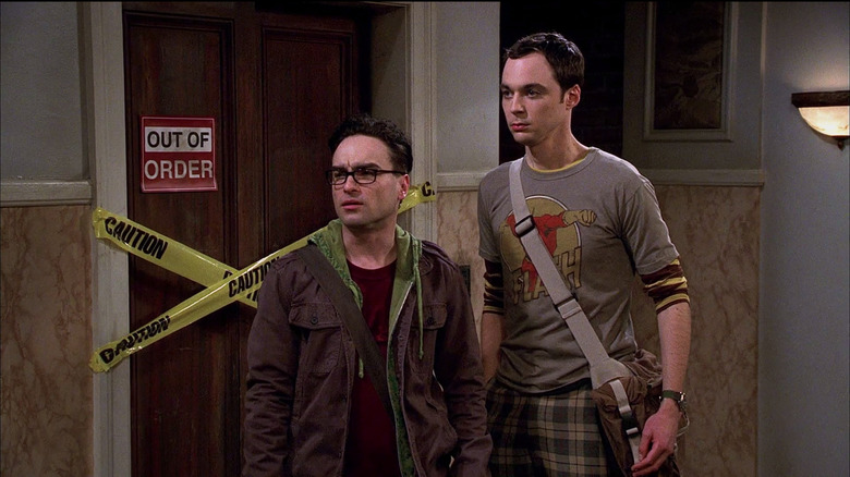 Sheldon and Leonard near elevator