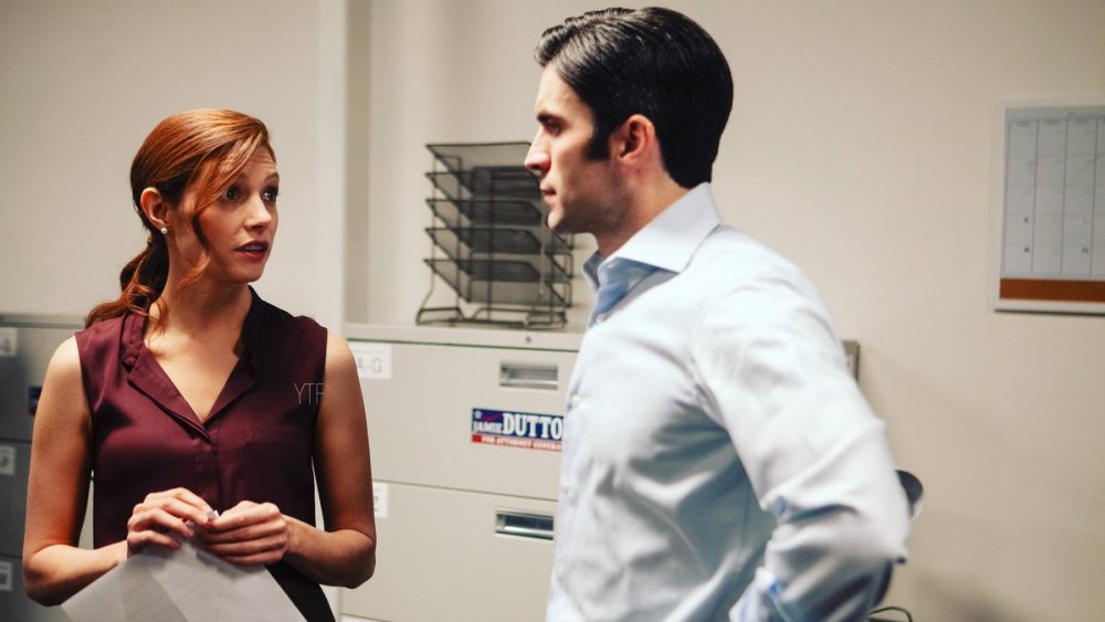 Wes Bentley and Katherine Cunningham at campaign headquarters on Yellowstone