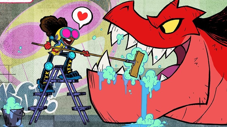 Moon Girl brushing Devil Dinosaur's teeth