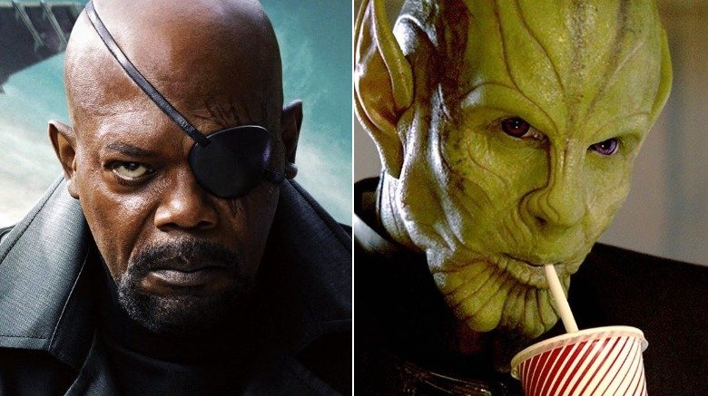 Split image of Nick Fury and Talos