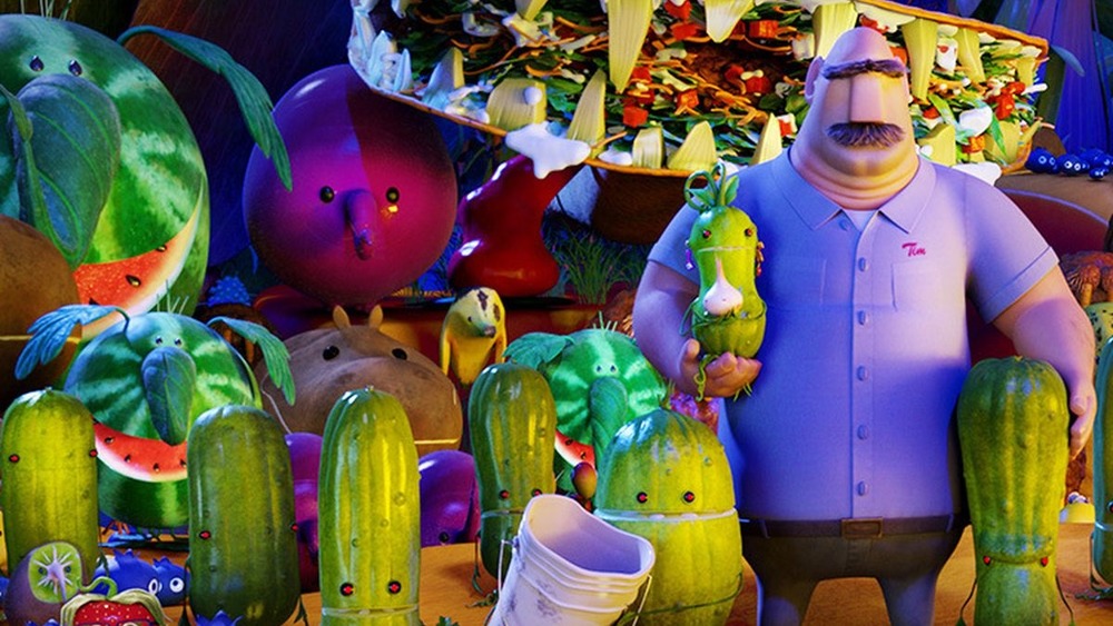 Tim Lockwood (voiced by James Caan) and foodimal friends in Cloudy with a Chance of Meatballs 2