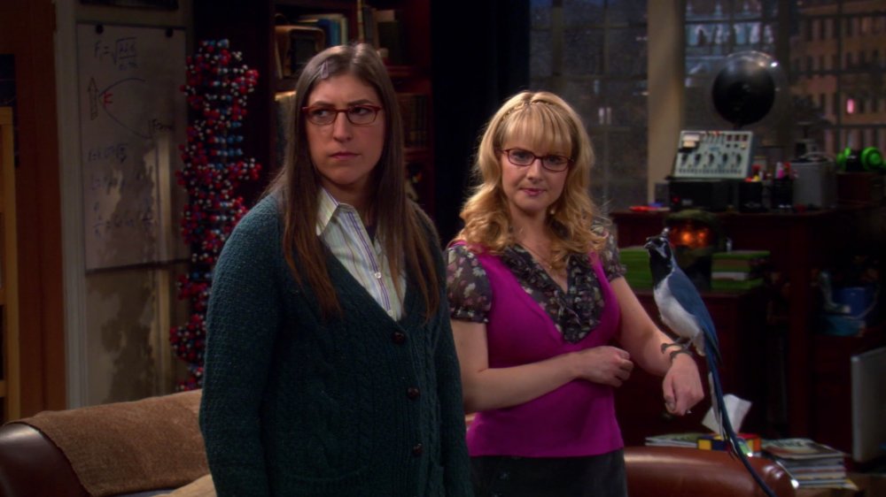 Amy and Bernadette on The Big Bang Theory with bird