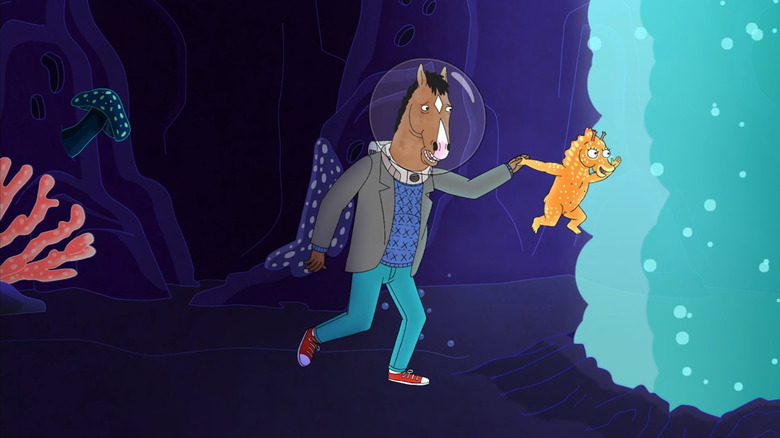 BoJack following a baby seahorse 