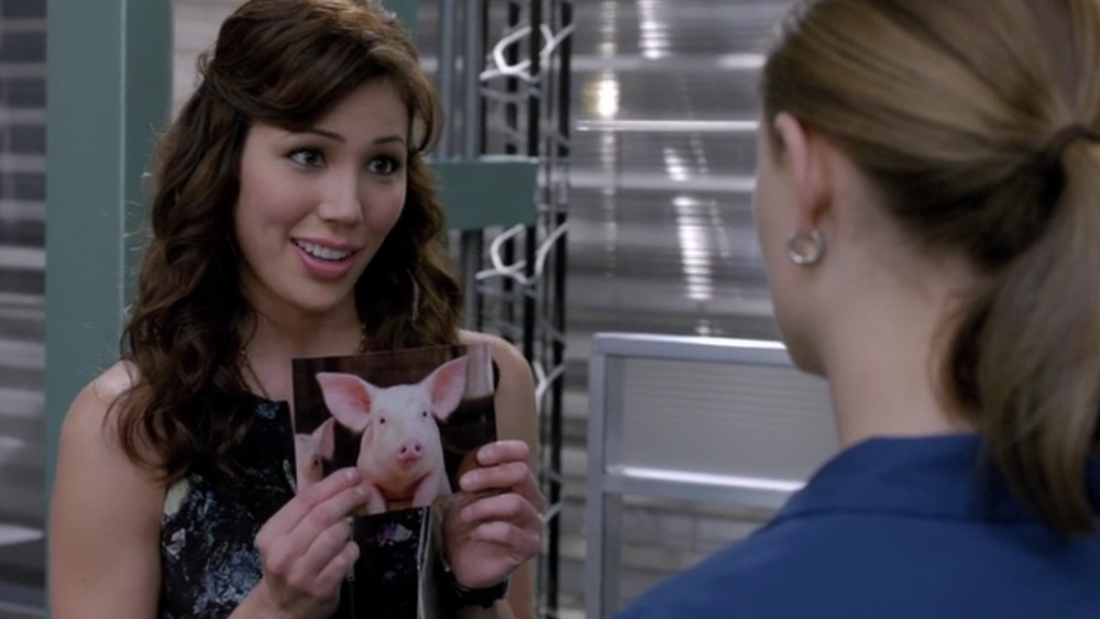 Angela shows pig to Bones