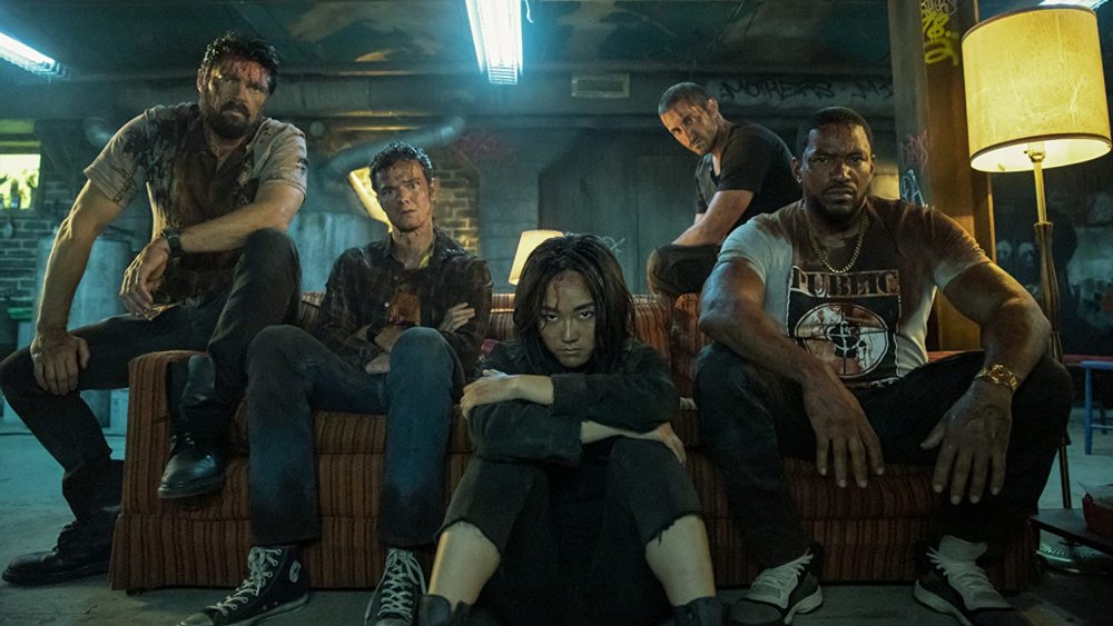 Karl Urban, Jack Quaid, Karen Fukuhara, Tomer Kapon, and Laz Alonso as Butcher, Hughie, Kimiko, Frenchie and Mother's Milk on The Boys