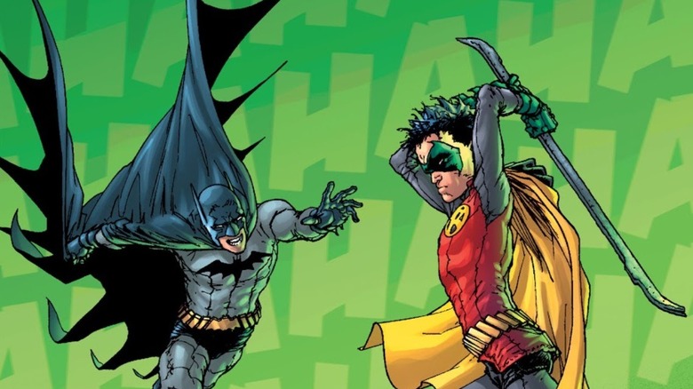 Batman trying to stop Robin from using a crowbar