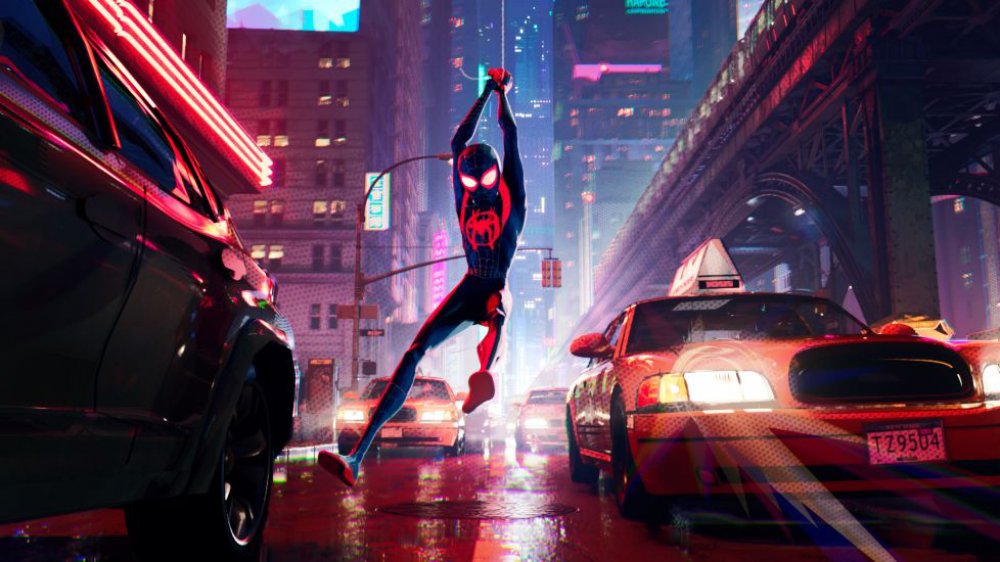 Miles swinging on web in Spider-Man Into the Spider-Verse