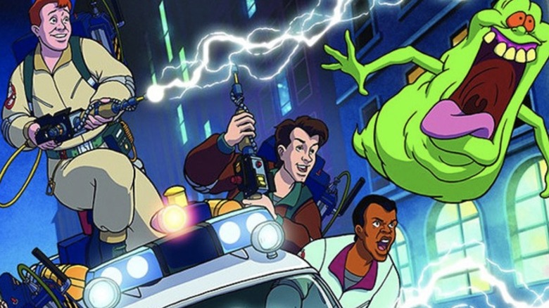 Ghostbusters driving with Slimer
