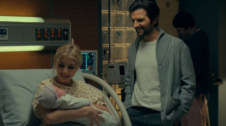 Mary and Ben admire a newborn Peter Parker in Madame Web (2024)