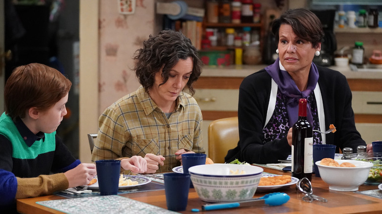 Ames McNamara, Sra Gilbert, and Alexandra Billings sitting at table