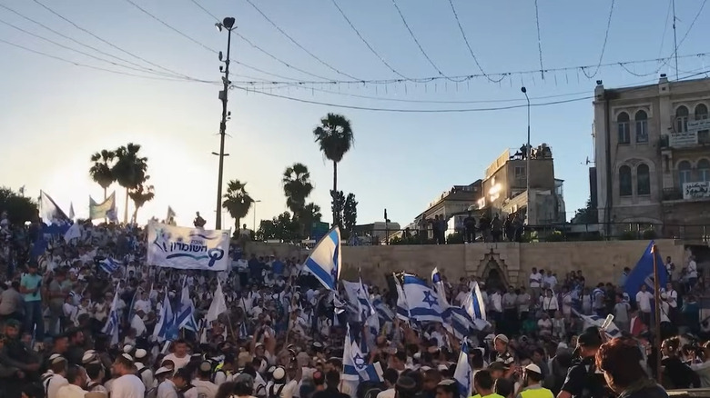 Crowd of Israeli flags