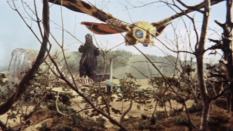 Godzilla fighting Mothra near woods