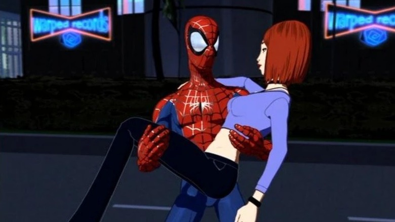 Spider-Man holding Mary Jane Watson