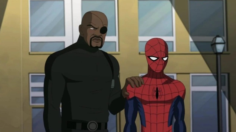 Nick Fury putting his hand on Spider-Man's shoulder