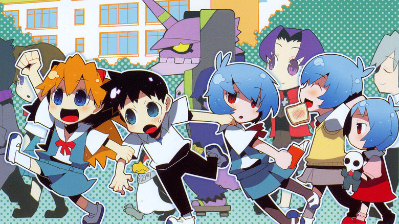 Chibi Evangelion characters walking