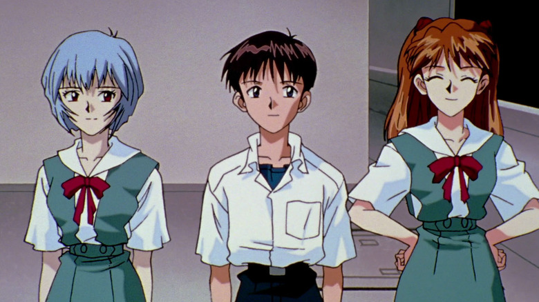 Rei, Shinji, and Asuka smiling