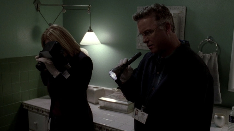 Catherine and Gil looking at crime scene in CSI