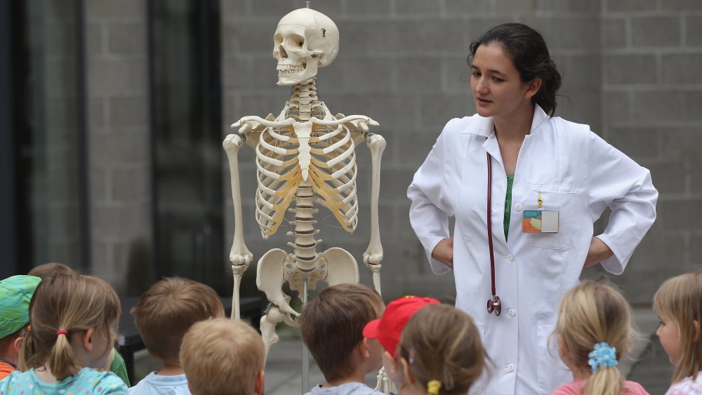 A lecturer showing off a skeleton.