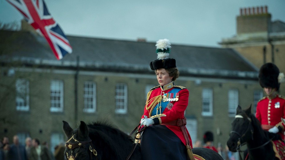 Queen Elizabeth II (Olvia Colman) at the Trooping of the Colours on The Crown Season 4