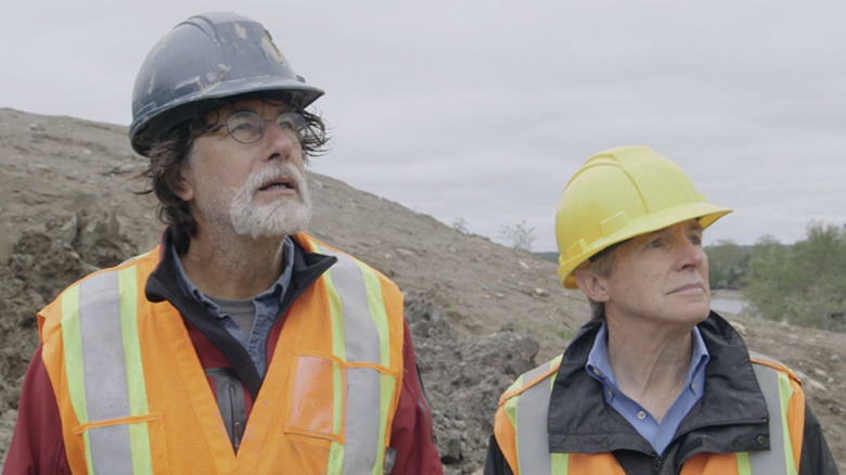 Rick Lagina and Craig Tester look in the air on "The Curse of Oak Island" (2014-present)