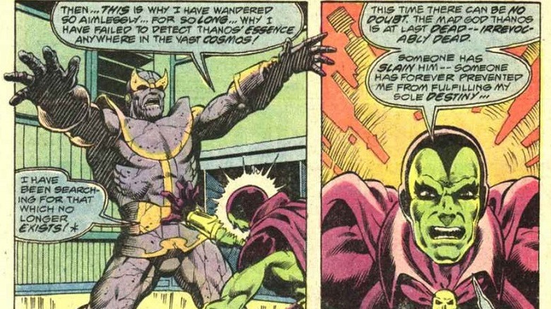 Drax confronting stone Thanos