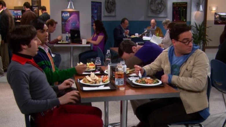 Howard, Raj, Sheldon, and Leonard eating lunch at Caltech