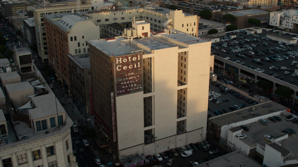 Cecil Hotel in Los Angeles aerial view