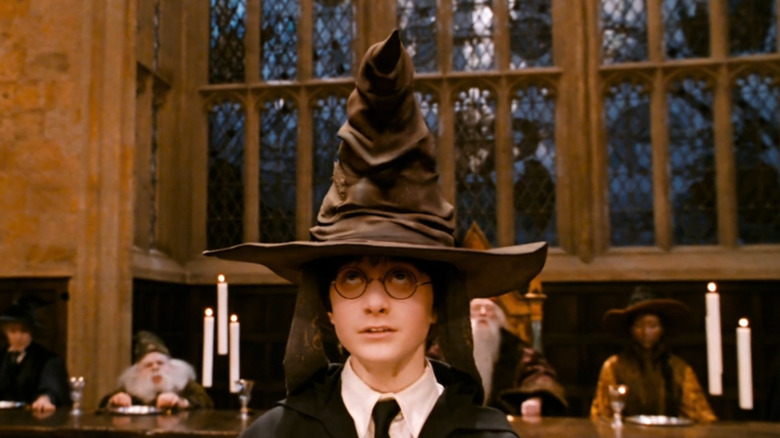 The Sorting Hat sits upon Harry Potter's head 