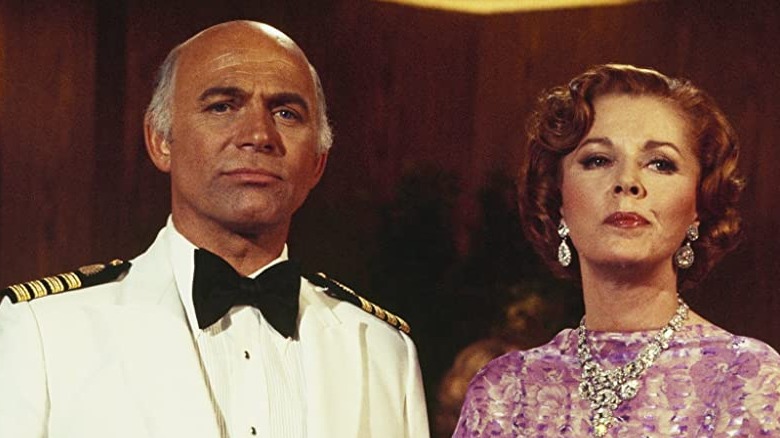 Gavin MacLeod as Captain Merrill Stubing and Eleanor Parker as Alicia Fairchild Bradbury on The Love Boat