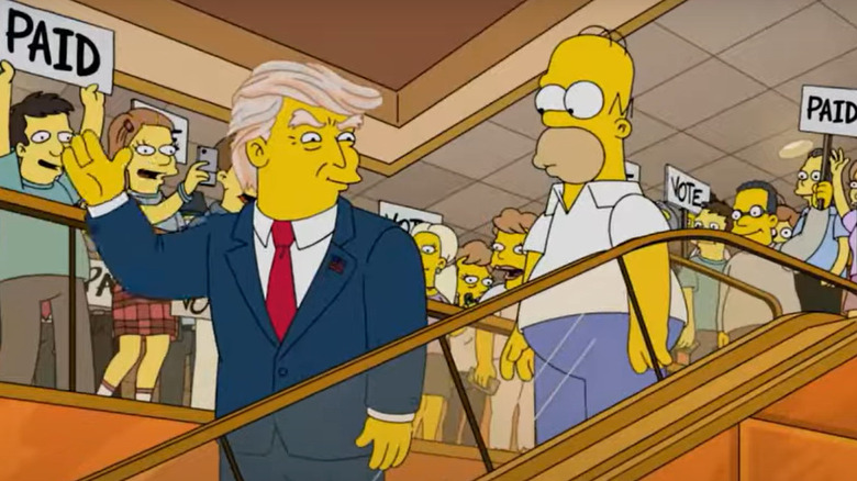 Homer Simpson and Donald Trump on the escalator as Trump announces his candidacy on 