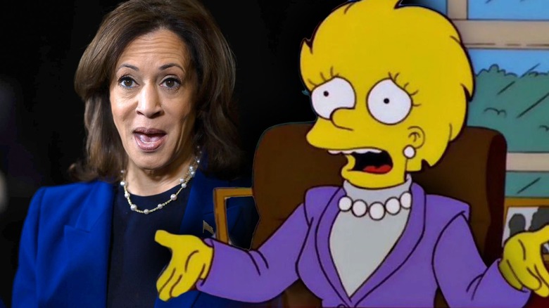 Kamala Harris and adult Lisa Simpson wearing similar outfits